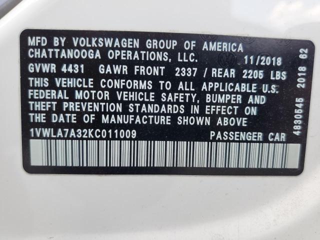 1VWLA7A32KC011009 - 2019 VOLKSWAGEN PASSAT WOLFSBURG WHITE photo 12