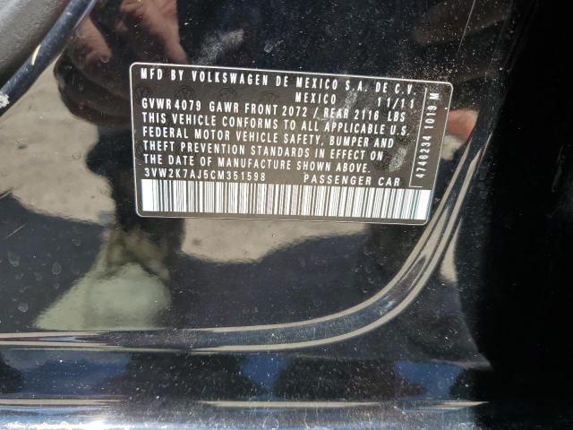 3VW2K7AJ5CM351598 - 2012 VOLKSWAGEN JETTA BASE BLACK photo 12