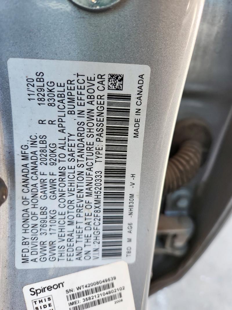 2HGFC2F8XMH520333 - 2021 HONDA CIVIC SPORT 银色 照片 12