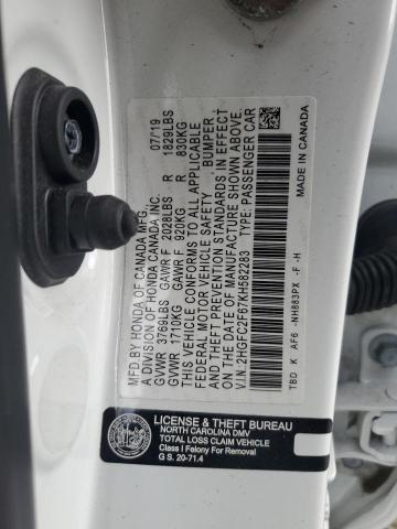 2HGFC2F67KH582283 - 2019 HONDA CIVIC LX WHITE photo 12