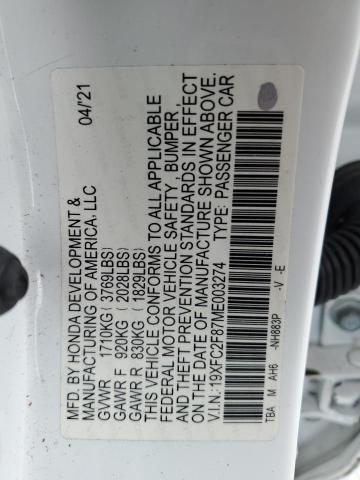 19XFC2F87ME003274 - 2021 HONDA CIVIC SPORT WHITE photo 12