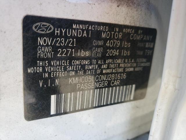 KMHC05LC0NU281616 - 2022 HYUNDAI IONIQ LIMITED WHITE photo 12