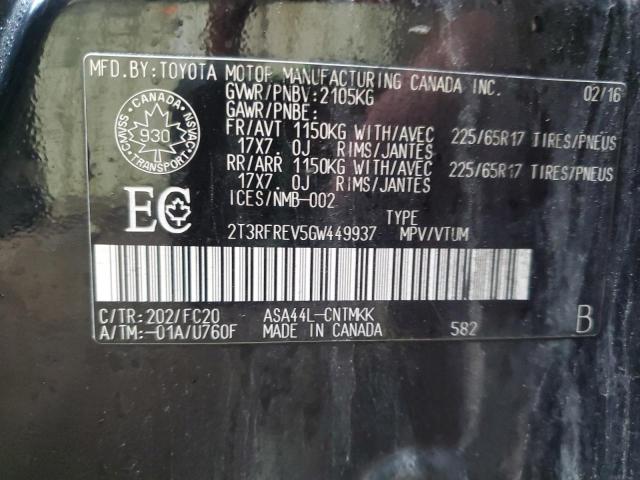 2T3RFREV5GW449937 - 2016 TOYOTA RAV4 XLE BLACK photo 14