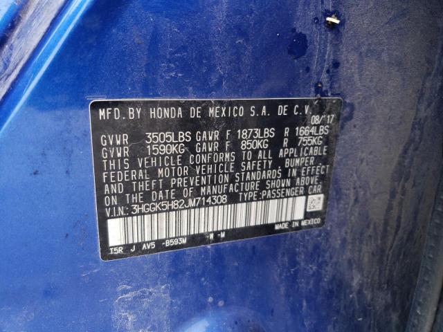 3HGGK5H82JM714308 - 2018 HONDA FIT EX ლურჯი ფოტო 12