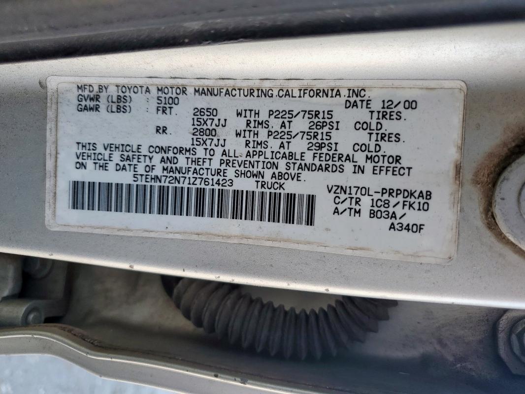 5TEHN72N71Z761423 - 2001 TOYOTA TACOMA DOUBLE CAB 银色 照片 12