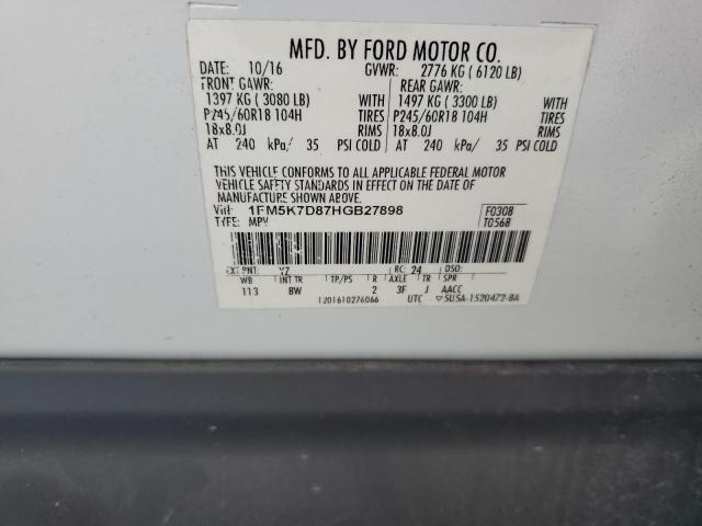 1FM5K7D87HGB27898 - 2017 FORD EXPLORER XLT WHITE photo 14