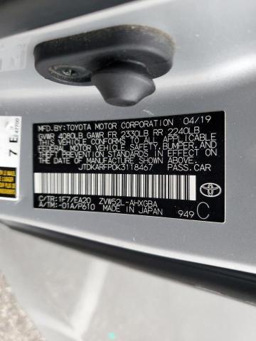 JTDKARFP0K3118467 - 2019 TOYOTA PRIUS PRIM ვერცხლისფერი ფოტო 13