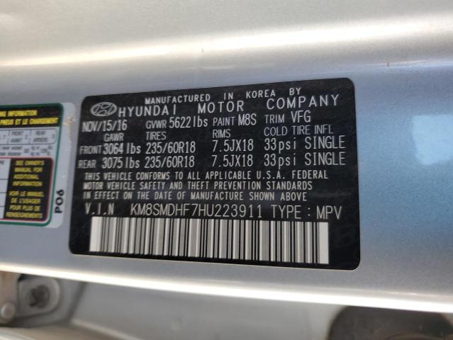 KM8SMDHF7HU223911 - 2017 HYUNDAI SANTA FE SE SILVER photo 13