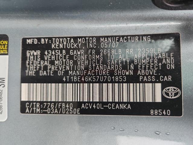 4T1BE46K57U701853 - 2007 TOYOTA CAMRY CE TEAL photo 12