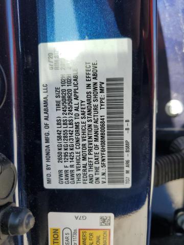 5FNYF6H08MB006841 - 2021 HONDA PILOT ELITE BLUE photo 12