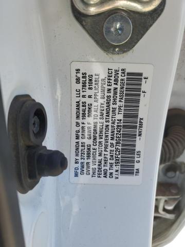 19XFC2F78GE242814 - 2016 HONDA CIVIC EX WHITE photo 12