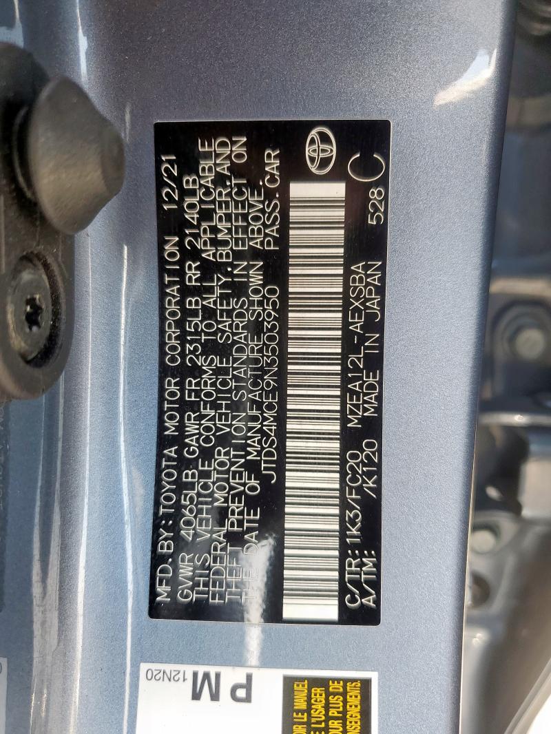 JTDS4MCE9N3503950 - 2022 TOYOTA COROLLA SE ლურჯი ფოტო 12