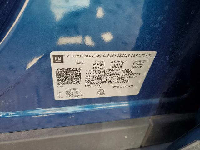 3GNAXJEV2KL391675 - 2019 CHEVROLET EQUINOX LT Mavi fotoğraf 12