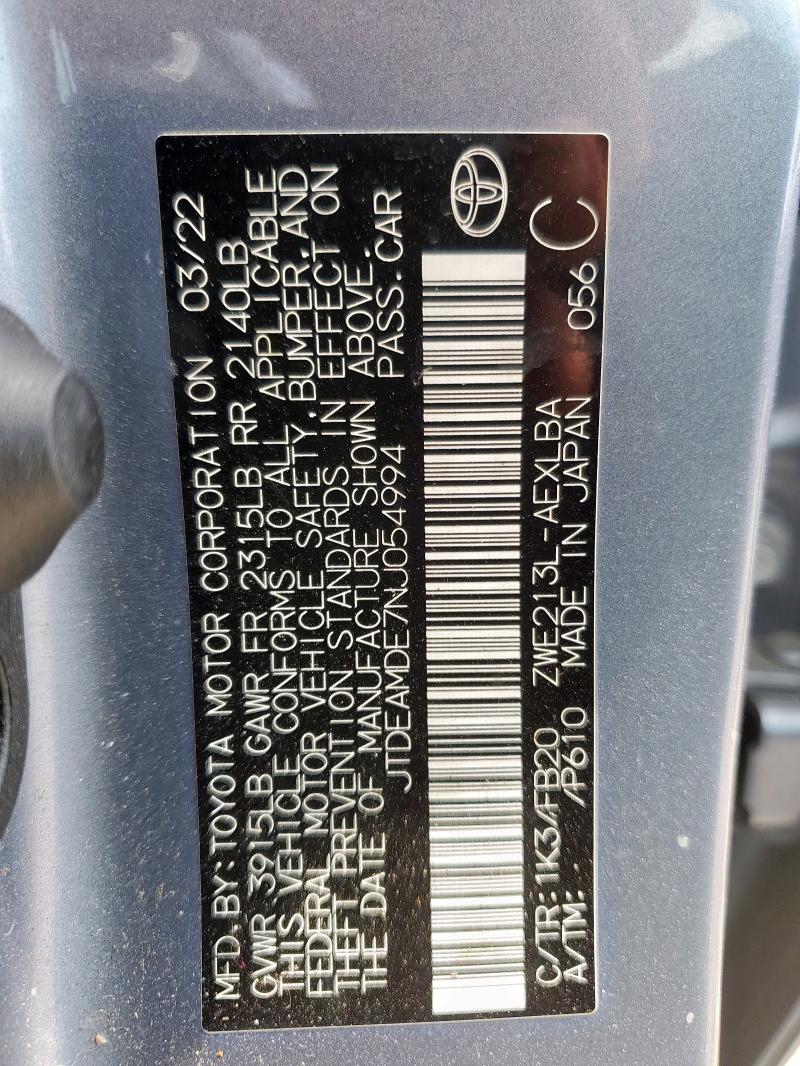 JTDEAMDE7NJ054994 - 2022 TOYOTA COROLLA LE ტალღისფერი ფოტო 13