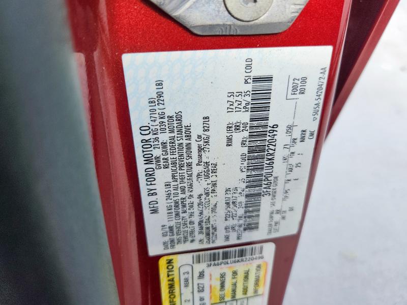 3FA6P0LU6KR220496 - 2019 FORD FUSION SE RED photo 12