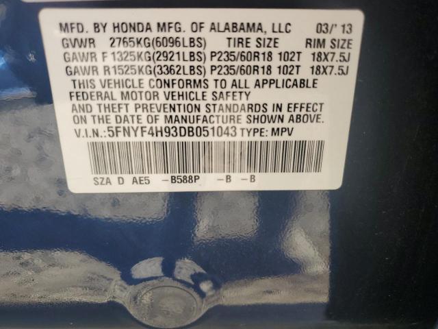 5FNYF4H93DB051043 - 2013 HONDA PILOT TOURING Mavi foto 13
