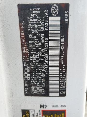 4T1BF3EK0BU593840 - 2011 TOYOTA CAMRY BASE Beyaz fotoğraf 12