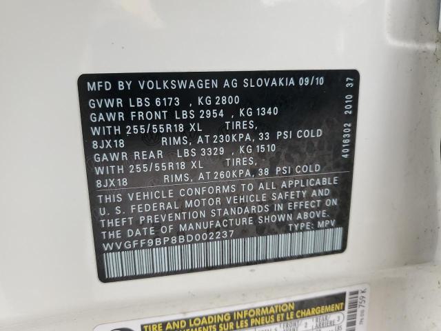 WVGFF9BP8BD002237 - 2011 VOLKSWAGEN TOUAREG V6 WHITE photo 13