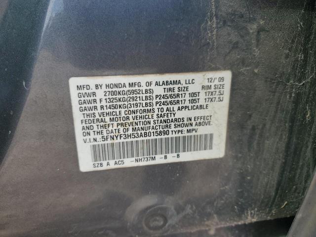 5FNYF3H53AB015890 - 2010 HONDA PILOT EXL ნაცრისფერი ფოტო 13