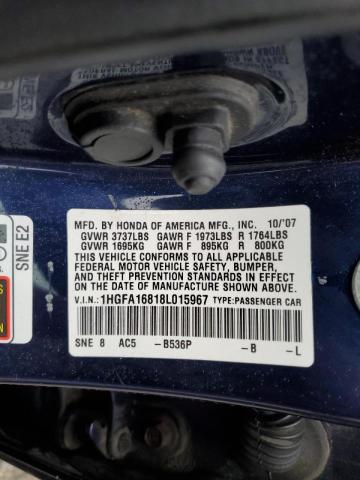 1HGFA16818L015967 - 2008 HONDA CIVIC EX BLUE photo 12