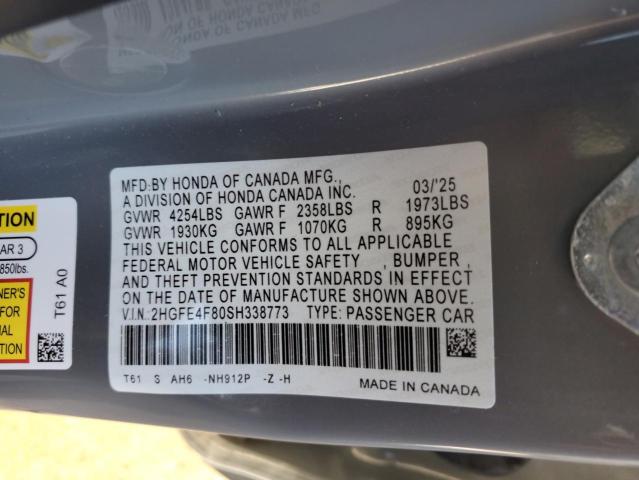 2HGFE4F80SH338773 - 2025 HONDA CIVIC SPORT GRAY photo 12