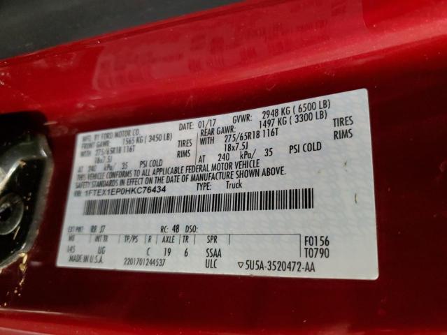 1FTEX1EP0HKC76434 - 2017 FORD F150 SUPER CAB RED photo 12