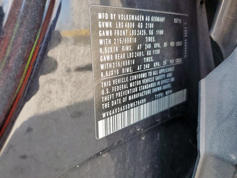 WVGAV3AX5DW575499 - 2013 VOLKSWAGEN TIGUAN S BLACK photo 13