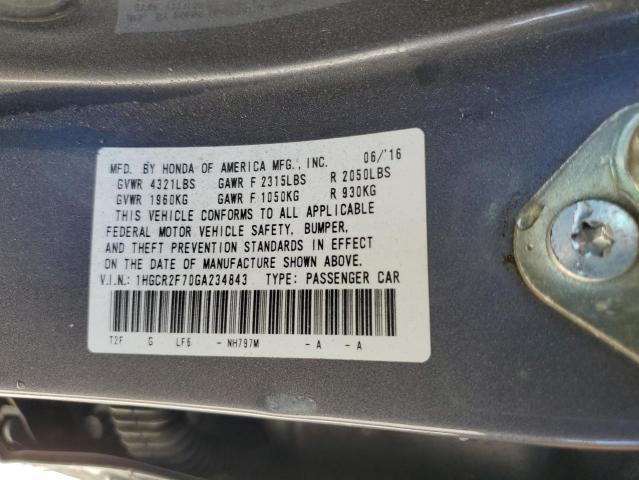 1HGCR2F70GA234843 - 2016 HONDA ACCORD EX GRAY photo 12
