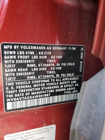 WVGAV7AXXAW001967 - 2010 VOLKSWAGEN TIGUAN S BURGUNDY photo 12