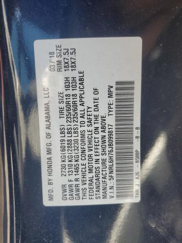 5FNRL6H76JB099817 - 2018 HONDA ODYSSEY EXL BLUE photo 14