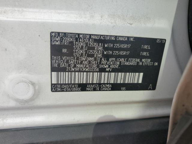 2T3W1RFV3KW032356 - 2019 TOYOTA RAV4 XLE WHITE photo 13