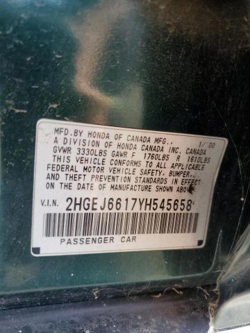 2HGEJ6617YH545658 - 2000 HONDA CIVIC BASE GREEN photo 12