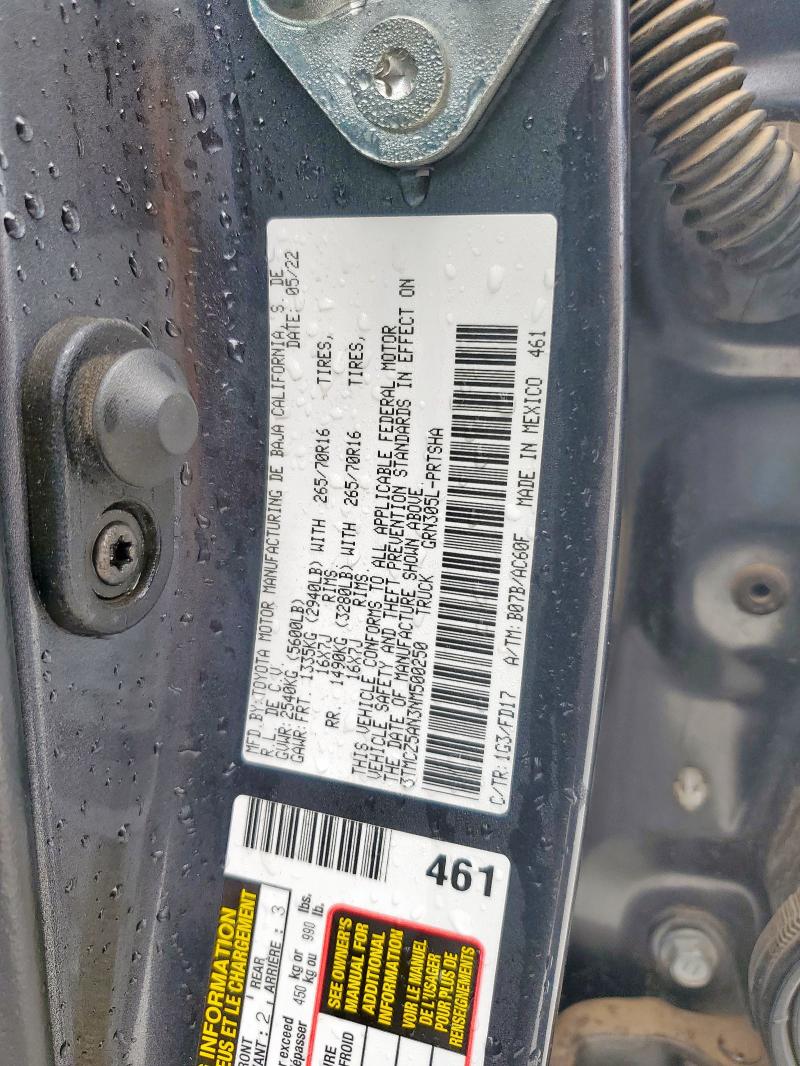 3TMCZ5AN3NM500250 - 2022 TOYOTA TACOMA DOUBLE CAB GRAY photo 12