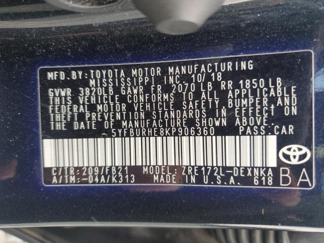 5YFBURHE8KP906360 - 2019 TOYOTA COROLLA L 黑色 照片 13