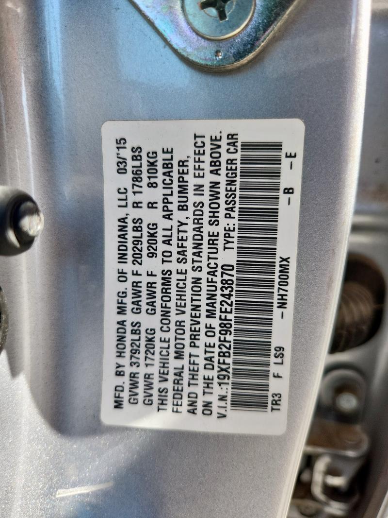 19XFB2F98FE243870 - 2015 HONDA CIVIC EXL SILVER photo 12