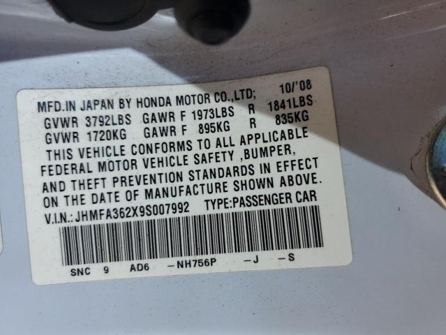 JHMFA362X9S007992 - 2009 HONDA CIVIC HYBRID WHITE photo 12