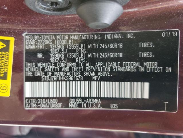 5TDJZRFH4KS961678 - 2019 TOYOTA HIGHLANDER SE 栗色 照片 14