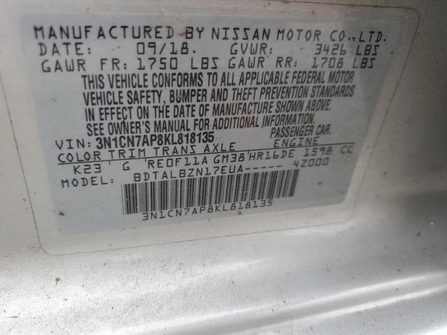 3N1CN7AP8KL818135 - 2019 NISSAN VERSA S 银色 照片 12