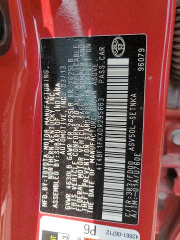 4T4BF1FKXDR295663 - 2013 TOYOTA CAMRY L 红色 照片 12