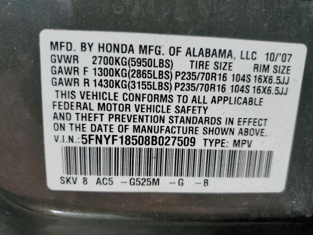 5FNYF18508B027509 - 2008 HONDA PILOT EXL GREEN photo 13