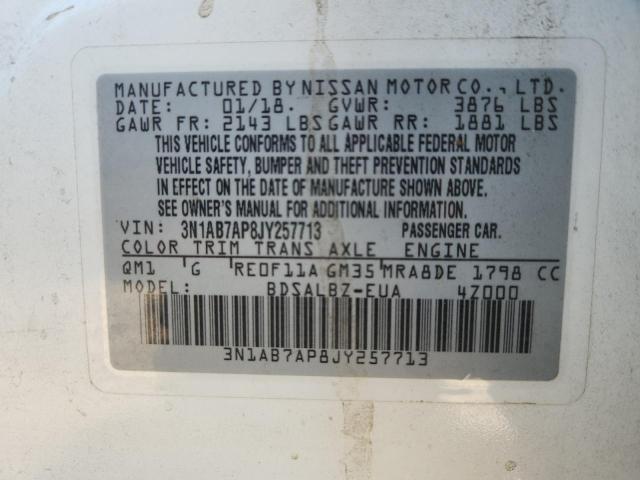 3N1AB7AP8JY257713 - 2018 NISSAN SENTRA S WHITE photo 13