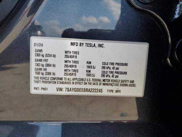 7SAYGDEE8RA222245 - 2024 TESLA MODEL Y GRAY photo 12