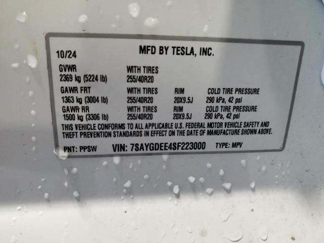 7SAYGDEE4SF223000 - 2025 TESLA MODEL Y WHITE photo 13