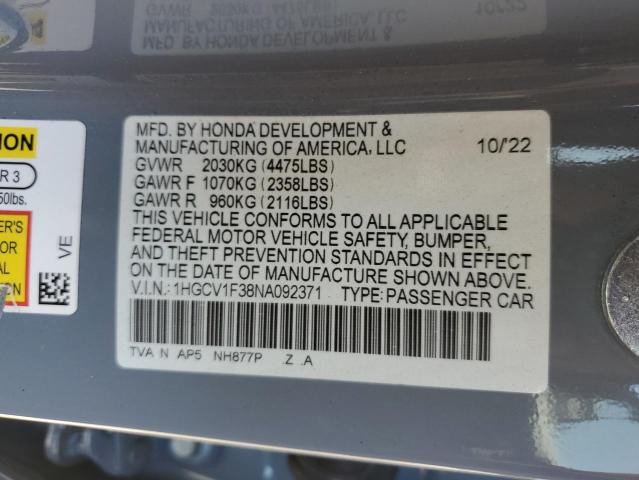 1HGCV1F38NA092371 - 2022 HONDA ACCORD SPORT GRAY photo 12