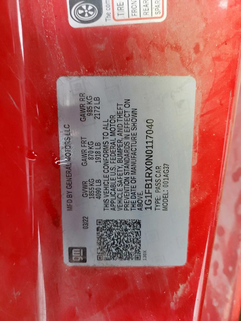 1G1FB1RX0N0117040 - 2022 CHEVROLET CAMARO LS 红色 照片 12