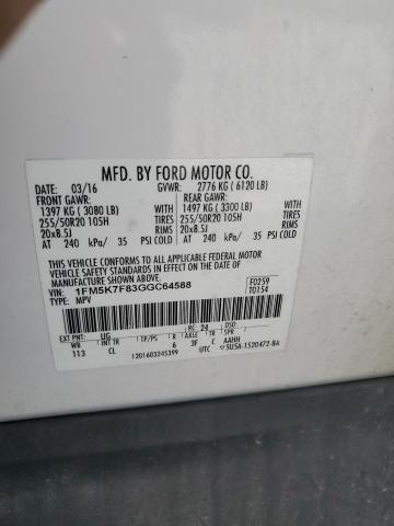 1FM5K7F83GGC64588 - 2016 FORD EXPLORER LIMITED WHITE photo 13