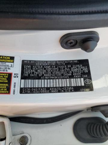 4T1B11HK8KU207325 - 2019 TOYOTA CAMRY L 白色 照片 12