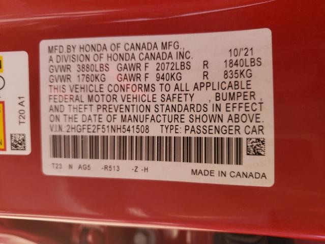 2HGFE2F51NH541508 - 2022 HONDA CIVIC SPORT RED photo 12