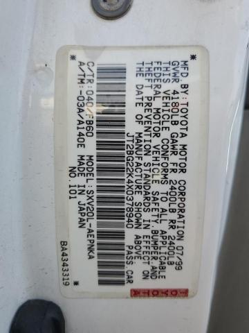 JT2BG22K4X0378940 - 1999 TOYOTA CAMRY LE WHITE photo 12