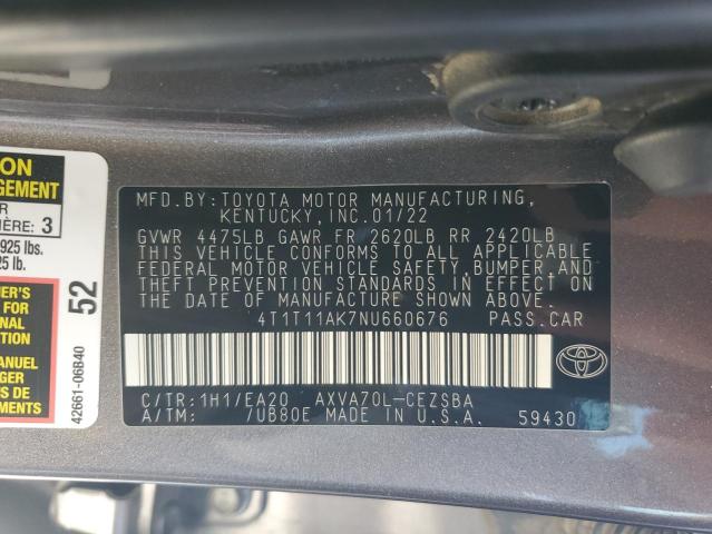 4T1T11AK7NU660676 - 2022 TOYOTA CAMRY SE GRAY photo 12